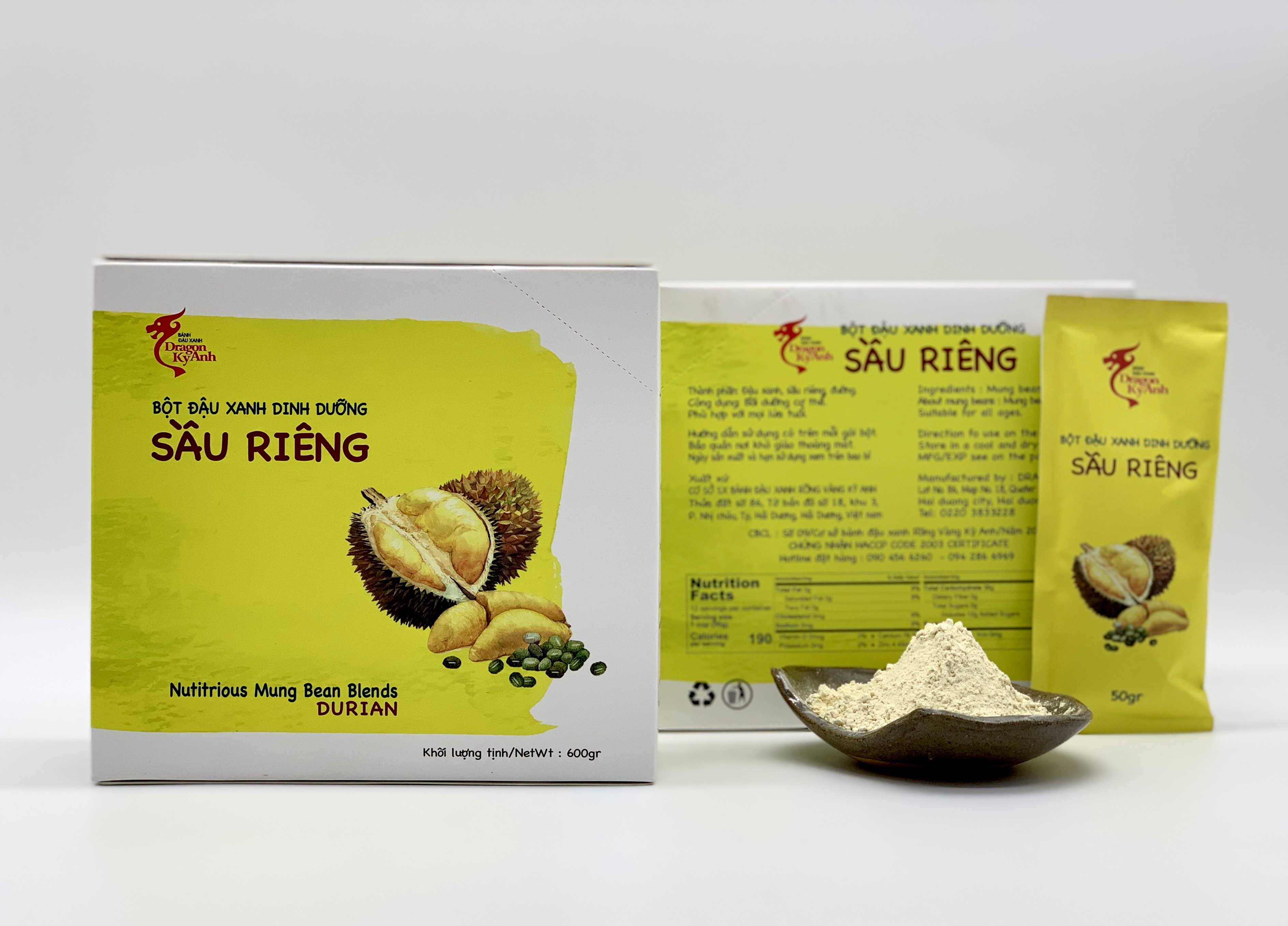 Bột đậu xanh vị sầu riêng Rồng Vàng Kỳ Anh (12 gói x 50gr) - Đặc sản Hải Dương