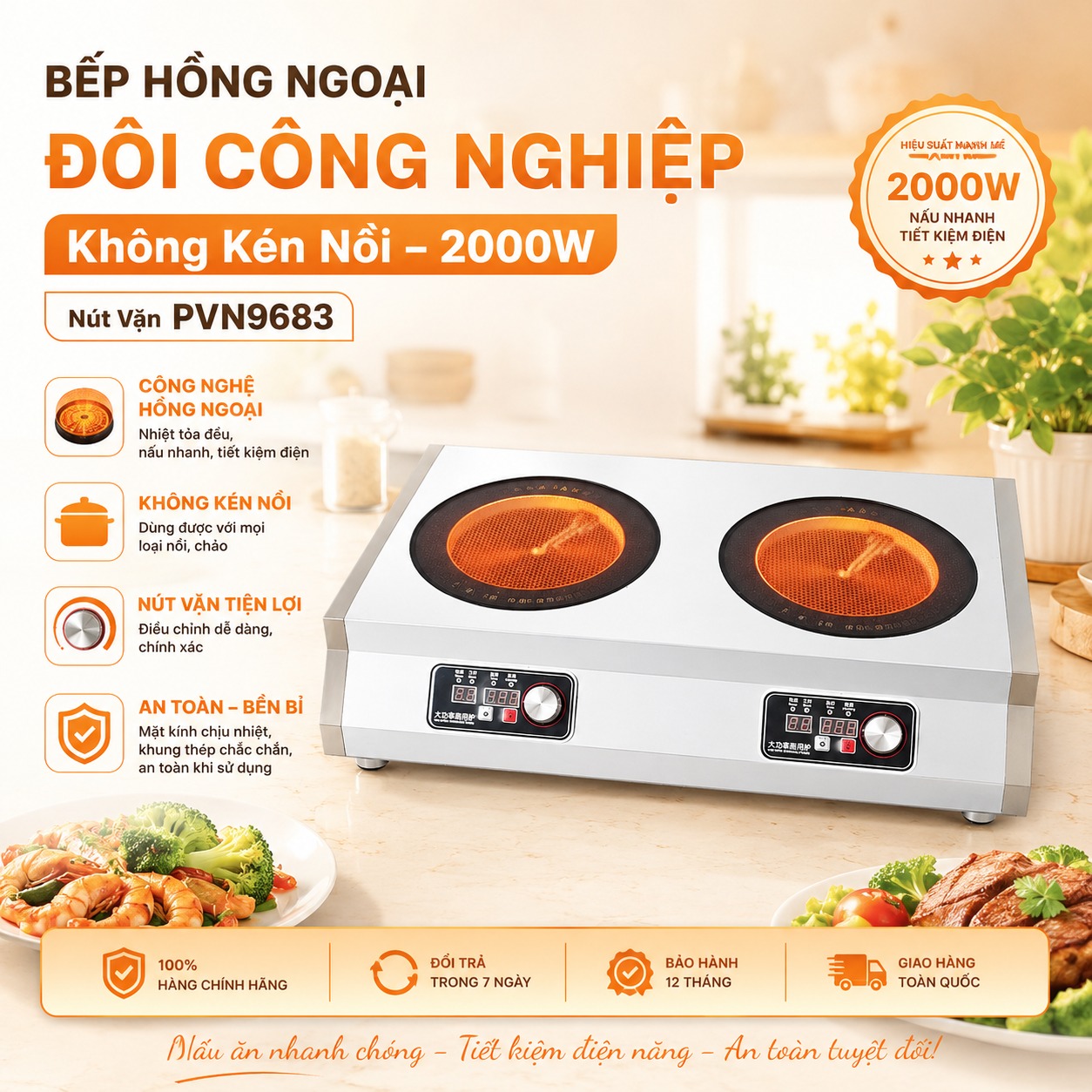 🔥 Bếp Hồng Ngoại Đôi Công Nghiệp 2000W Không Kén Nồi Nút Ấn 220V Mặt Kính Chịu Nhiệt PVN9697