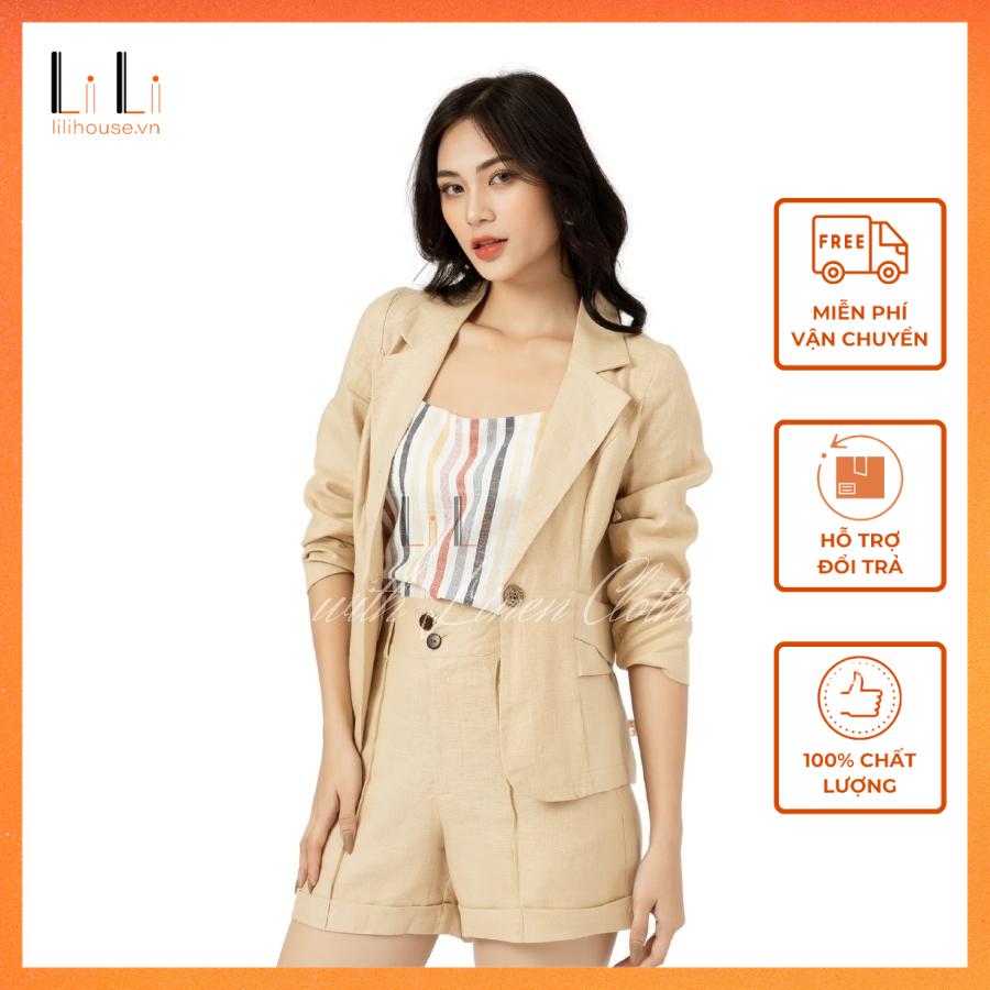 Set vest nữ áo blazer túi vạt chéo phối quần short cạp chéo phong cách công sở chất vải linen cao cấp - lili - thời trang linen