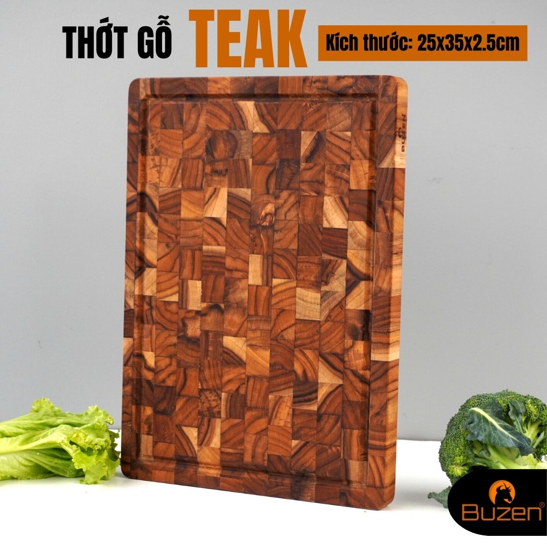 Thớt Gỗ Teak BUZEN Cao Cấp 25x35x2.5cm - Thớt Gỗ Cứng Không Mùn Cắt Thái Trang Trí Thịt Đặc Biệt Phù Hợp Cho BBQ