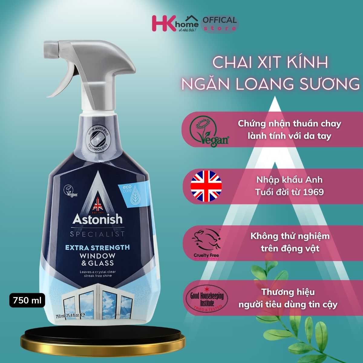Nước lau kính Astonish C6950 loại bỏ nhanh chóng các vết bẩn kể cả băng keo, công nghệ bay hơi nhanh không loang sương