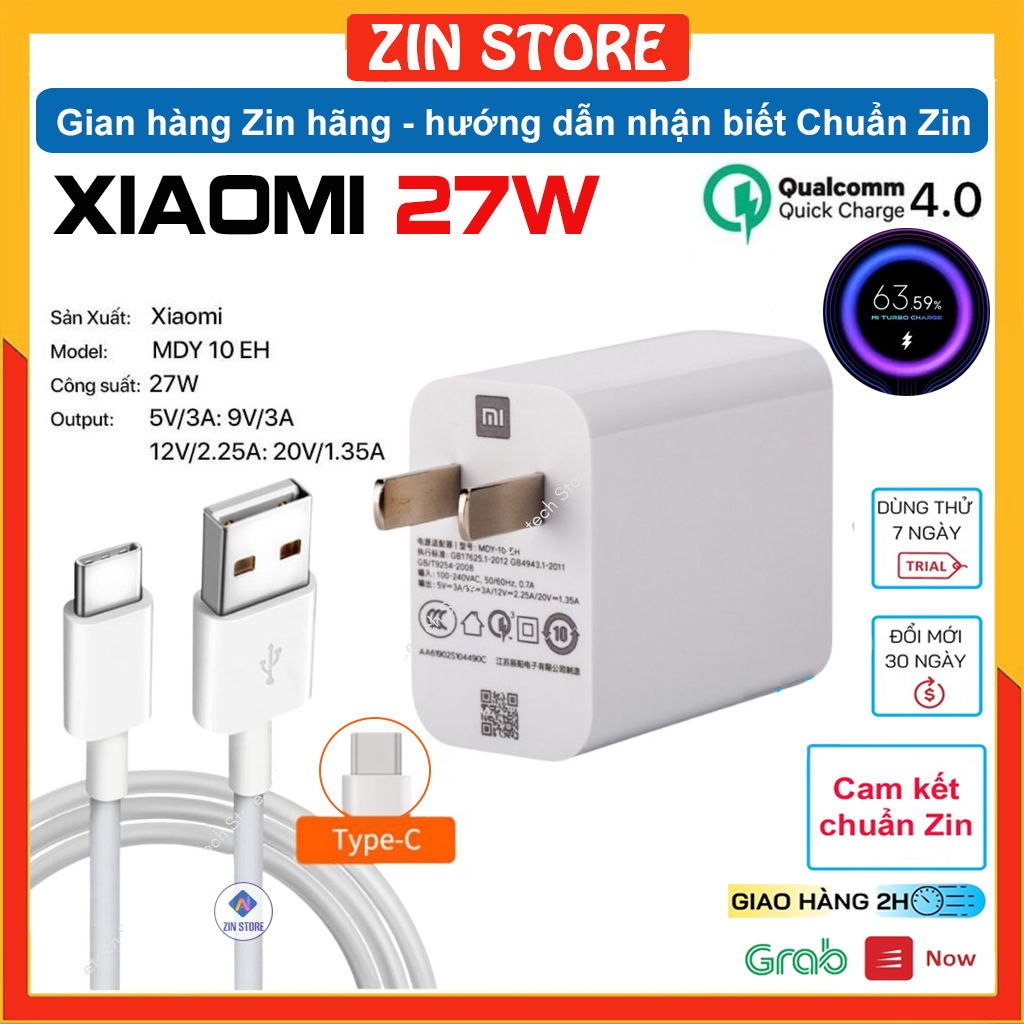 Bộ củ sạc nhanh Xiaomi (27W) Mi Turbo Charger 4.0 mã Xiaomi MDY-10-EH - Zin hãng bóc máy