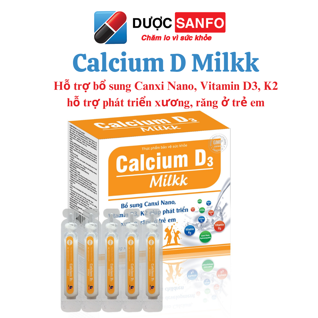 Calcium D3 milk - Bổ sung canxi nano, vitamin cho trẻ còi xương, chậm lớn, phụ nữ mang thai và cho con bú, hộp 20 ống x 10ml - Dược Sanfo