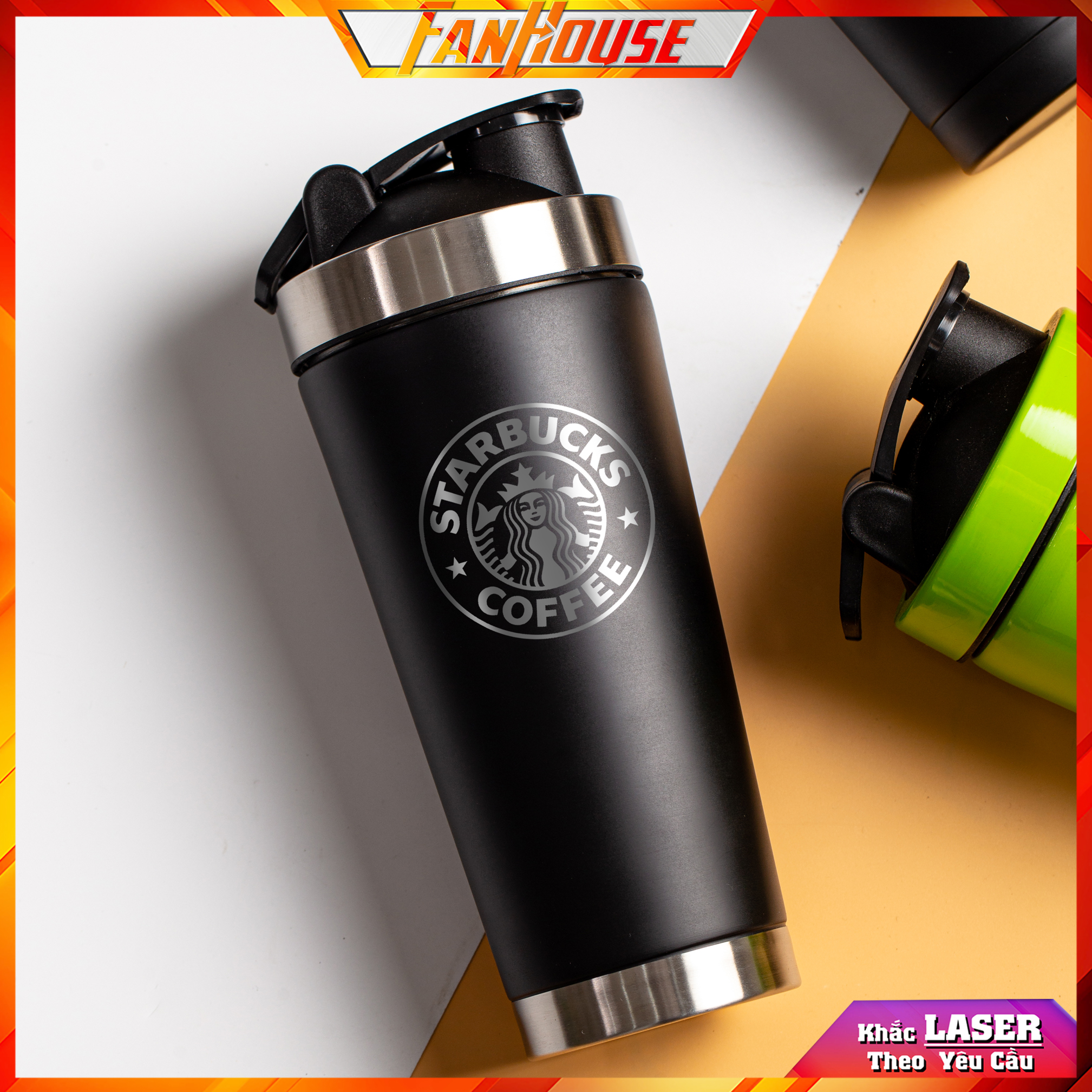 Bình nước Star.Bucks [FreeShip Max] FanHouse bình giữ nhiệt 24h inox 304, ly nước 850ml nắp bật tiện