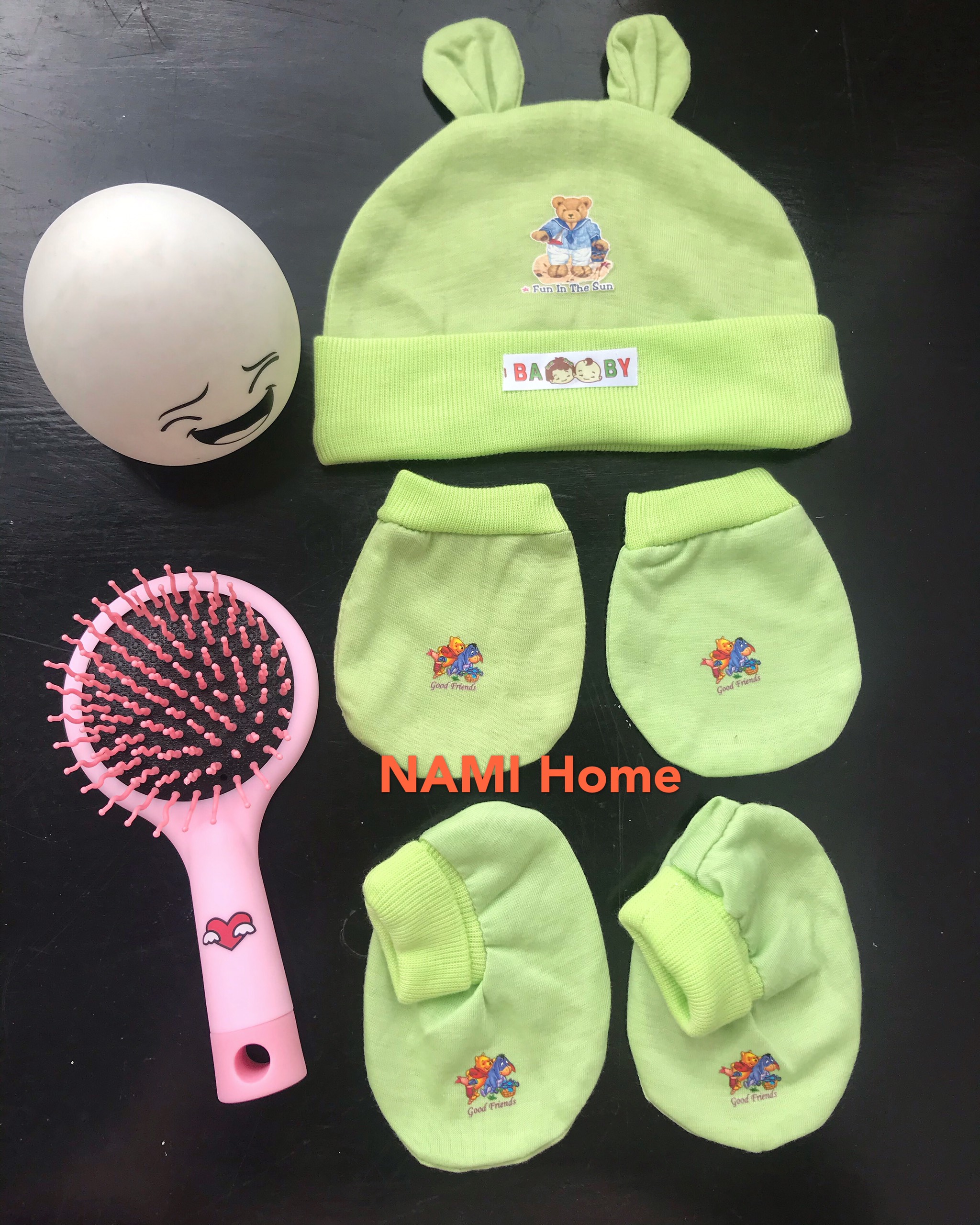 Bộ 3 - mũ, bao tay, bao chân cho bé sơ sinh dạng bo