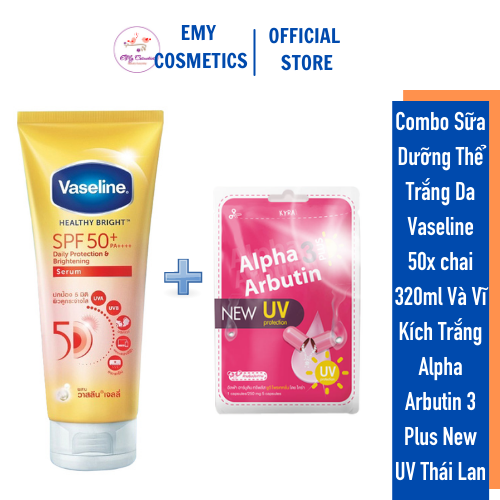 Combo Sữa Dưỡng Thể Trắng Da Vaseline 50x chai 320ml Và Vĩ Kích Trắng Alpha Arbutin 3 Plus New UV Thái Lan - Dưỡng ẩm toàn thân trắng da