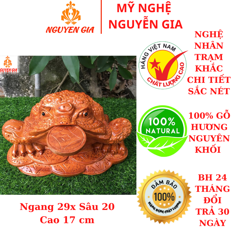 [CHIÊU TÀI TỤ LỘC] Cóc thiềm thừ ngậm tiền vàng bằng gỗ hương liền khối kích thước 29x20 cm trạm khắc tinh xảo sắc nét giúp chiêu tài chiêu lộc mang lại tài khí cho gia chủ