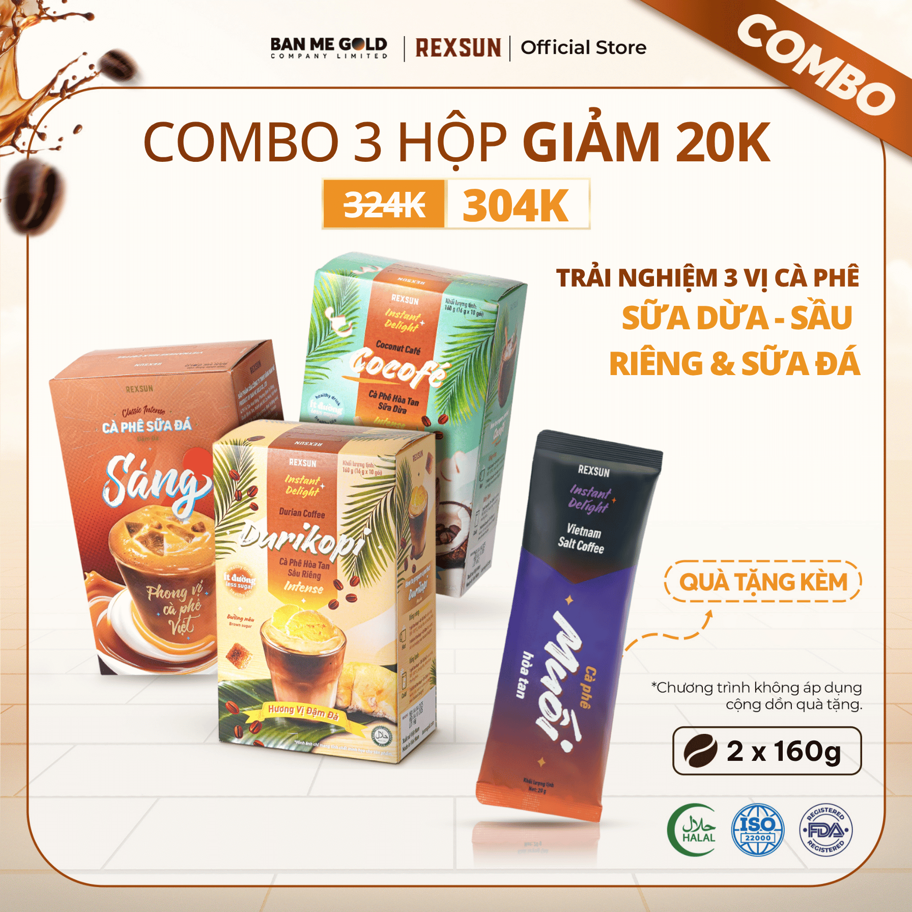 [COMBO THỬ VỊ] 3 Hộp Cà Phê Hòa Tan Sữa Dừa ĐẬM ĐÀ/Sầu Riêng ĐẬM ĐÀ/Sữa Đá ĐẬM ĐÀ - Cafe Gói Hòa Tan 3in1 - Rexsun