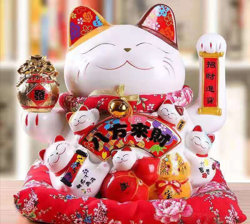 [Big Sale] Mèo Thần Tài Sứ , Mèo May Mắn Maneki Neko cao 23cm. Vẩy Tay Gọi Khách BÁT PHƯƠNG KHAI TÀI