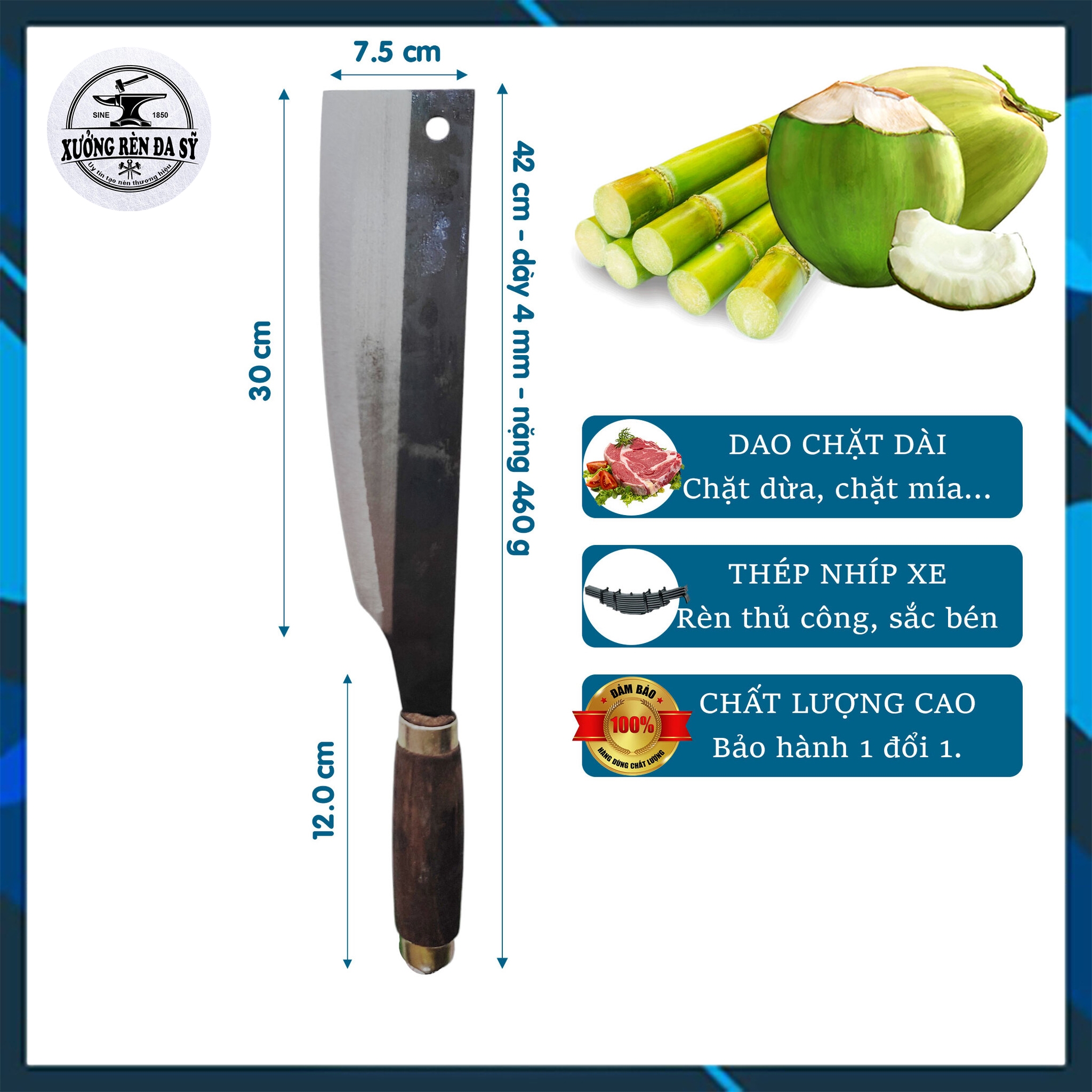Dao Chặt Dừa, Chặt Mía, Chặt Cây Loại Tốt, Dao Đa Sỹ Rèn Từ Thép Nhíp Xe Siêu Bền, Cán Gỗ Chắc Chắn
