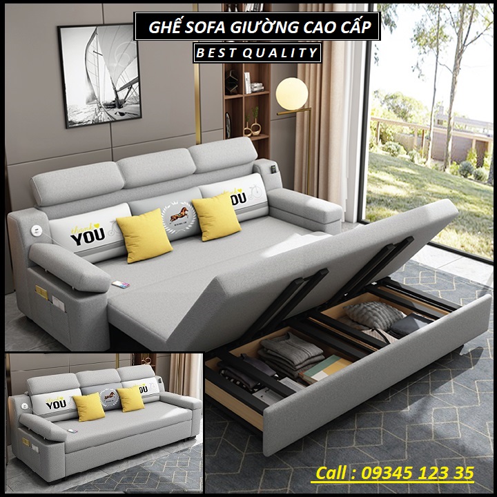 Giường ngủ sofa gấp gọn thành ghế sofa. ghế sofa giường. giường sofa vải lanh cao cấp có ngăn chứa đồ, cổng sạc usb. tặng kèm gối cùng tone