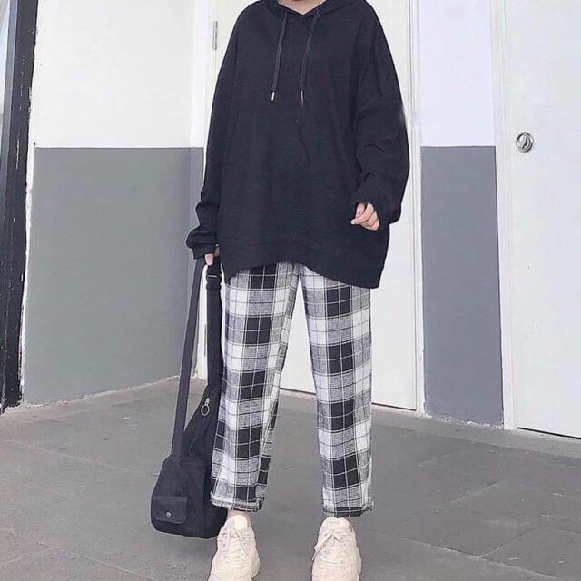 QUẦN DÀI KIỂU BAGGY NỮ NAM ỐNG RỘNG XUÔNG DÀI LƯNG THUN KẺ Ô CAROY