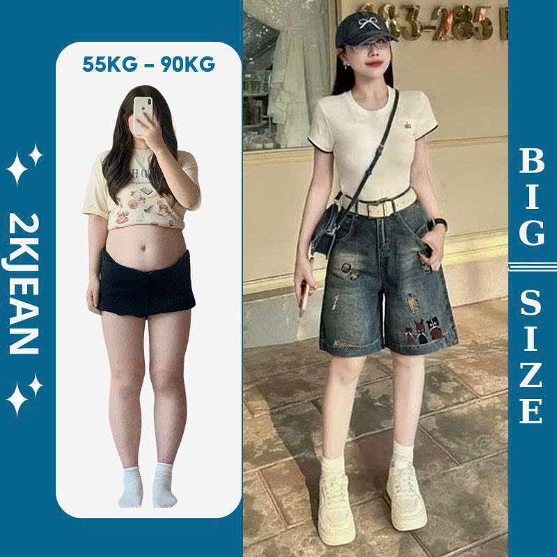  Quần short ngố jean nữ rách thêu Mèo Chuột bigsize 55-85kg quần ngố lửng rách cạp lưng thun thêu QC57 2KJeans 