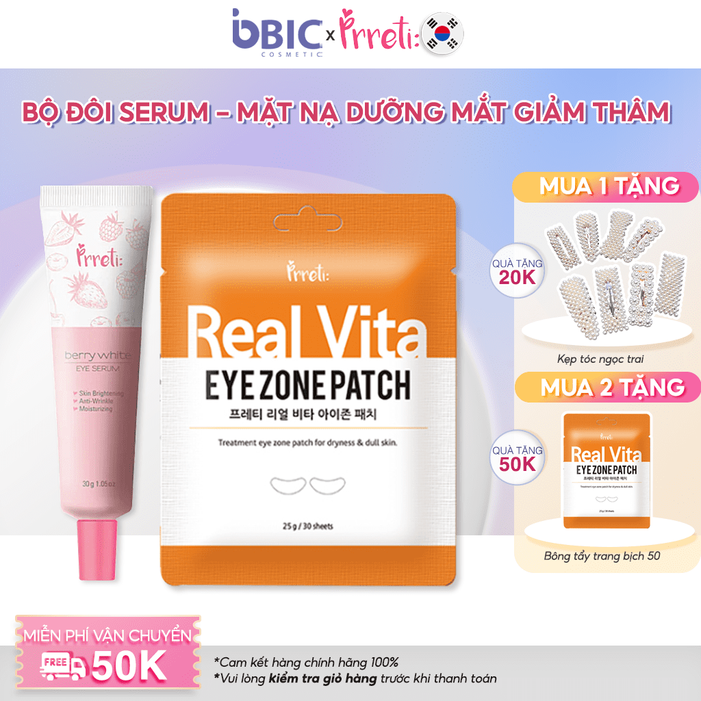Bộ sản phẩm chăm sóc da mắt Prreti gồm kem mắt và mặt nạ mắt giúp giảm thâm mắt, dưỡng ẩm mờ nếp nhăn tự nhiên BIC Cosmetic
