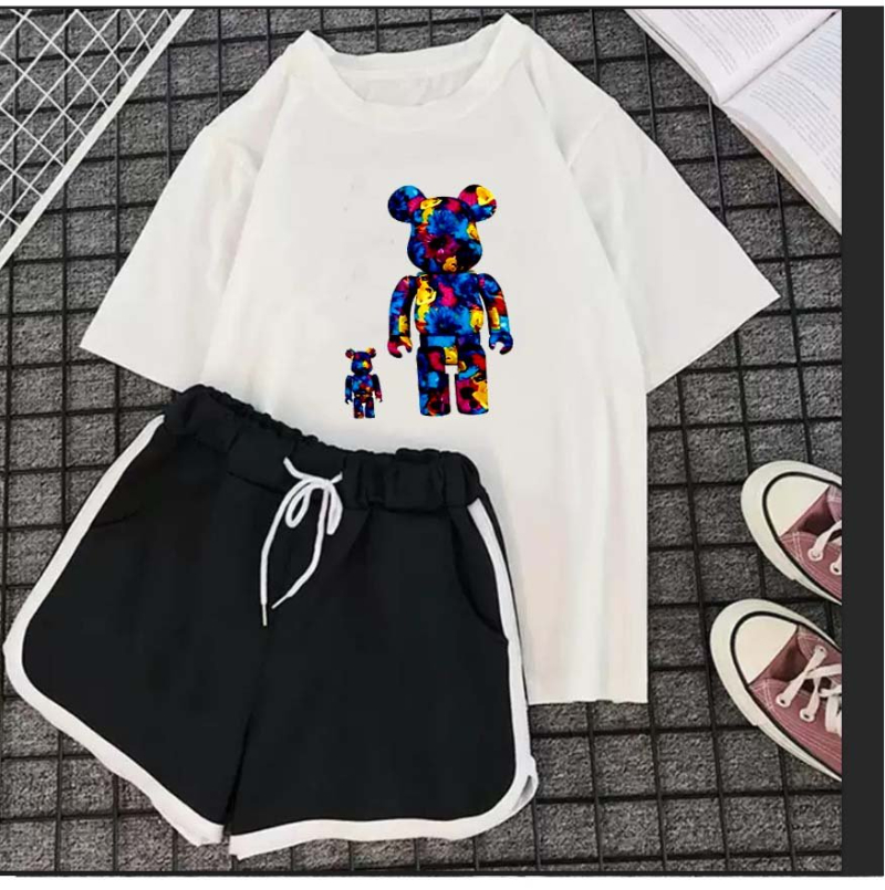 Sét bộ đùi áo thun gấu pha màu vá và quần đùi nữ mặc nhà thoải mãi chất cotton