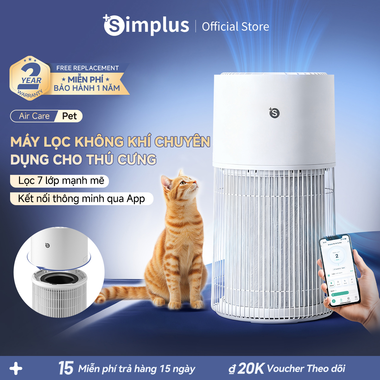 Simplus Máy lọc không khí cho thú cưng Chỉ số CADR 480m³/h   7 lớp lọc     1.2 tỷ ion âm    Kết nối qua app    Khuếch tán tinh dầu KQJH010