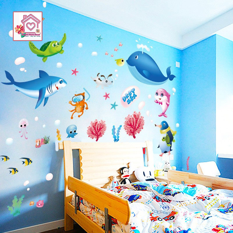 Decal dán tường Đại dương cá mập, cá voi, cá heo XL7225 cho bé trai bé gái trang trí tường phòng khách phòng ngủ - Sticker - Miếng dán tường - Hình dán
