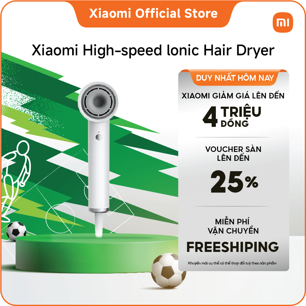 Xiaomi High-speed Ionic Hair Dryer | Sấy khô mái tóc dài ngang vai trong 3 phút* | 110.000 vòng/phút* Tốc độ động cơ | 62 m/giây* Luồng khí mạnh mẽ | Ngăn nhiệt độ gây hư tổn cho tóc | Không gây mỏi khi sử dụng lâu