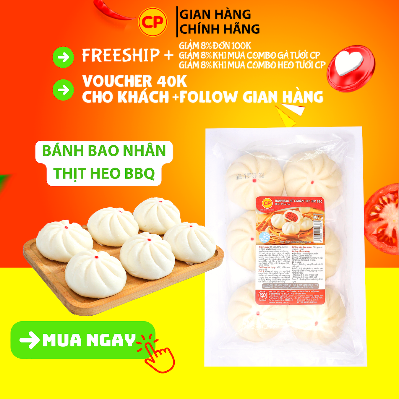 [2h] Bánh bao sữa thịt heo BBQ 480g - bánh bao ăn sáng tiện lợi