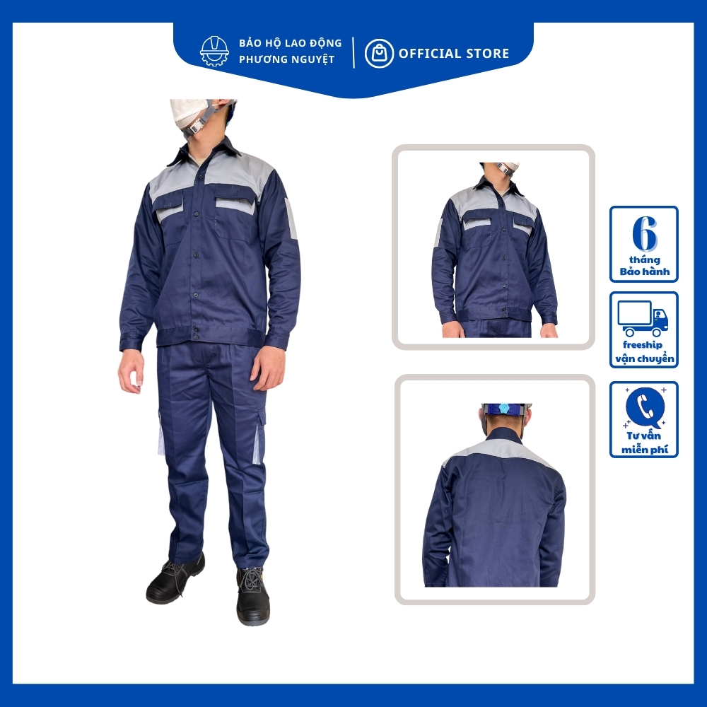  Quần áo bảo hộ lao động kỹ sư công nhân xanh than phối xanh nhạt PN04 vải kaki 3 1 dày dặn và không bị xù lông khi mặc 