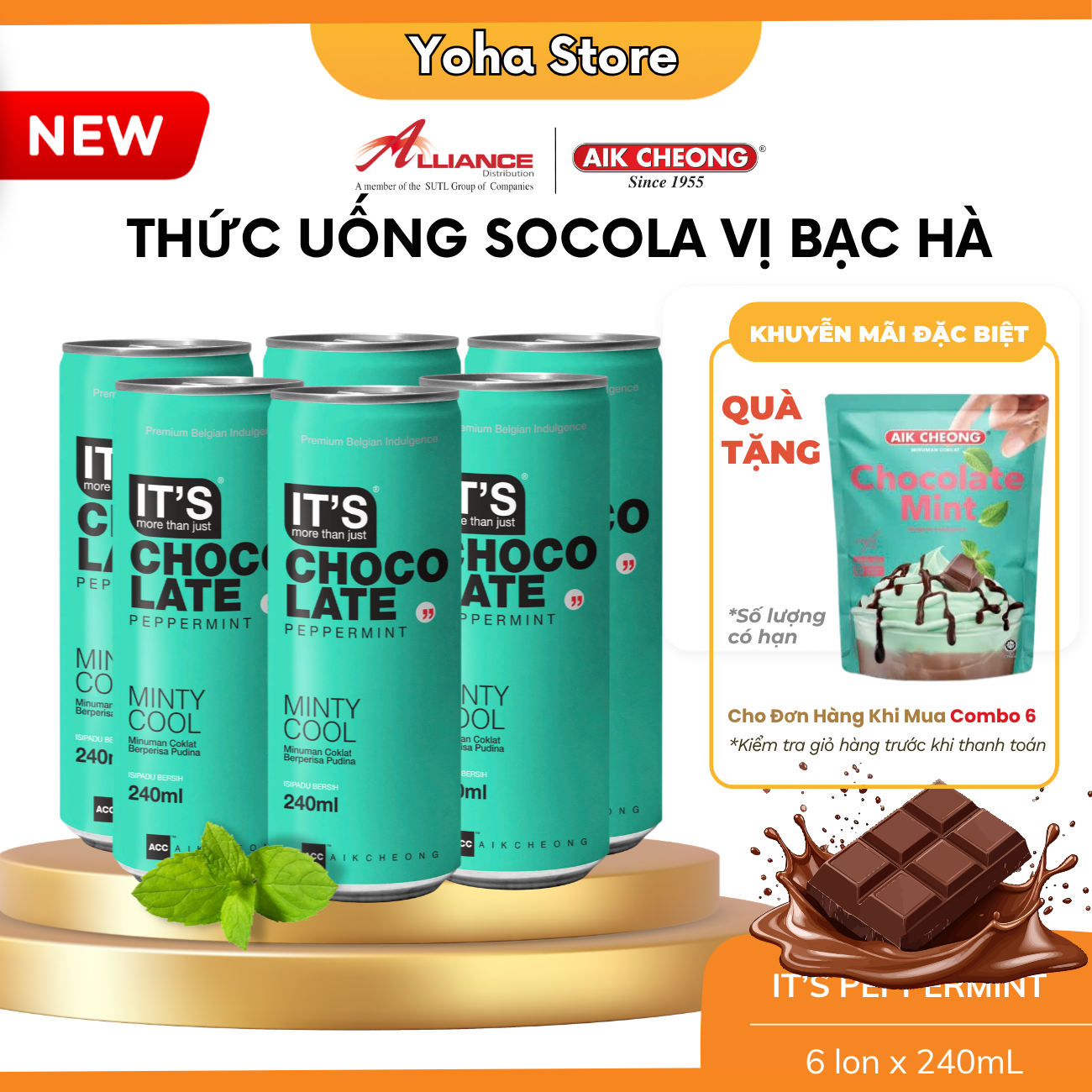 [Chính hãng] Thức Uống Socola Aik Choeng Lon Tiện Dụng Nhập Khẩu Từ Maylasia Vị Bạc Hà