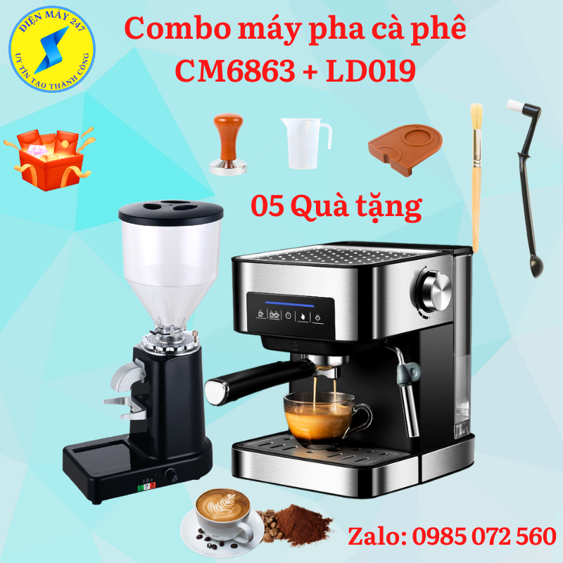 Combo máy pha cà phê cm6863 và máy xay cà phê ld 019 - dùng gia đình - mới 100% - có bảo hành