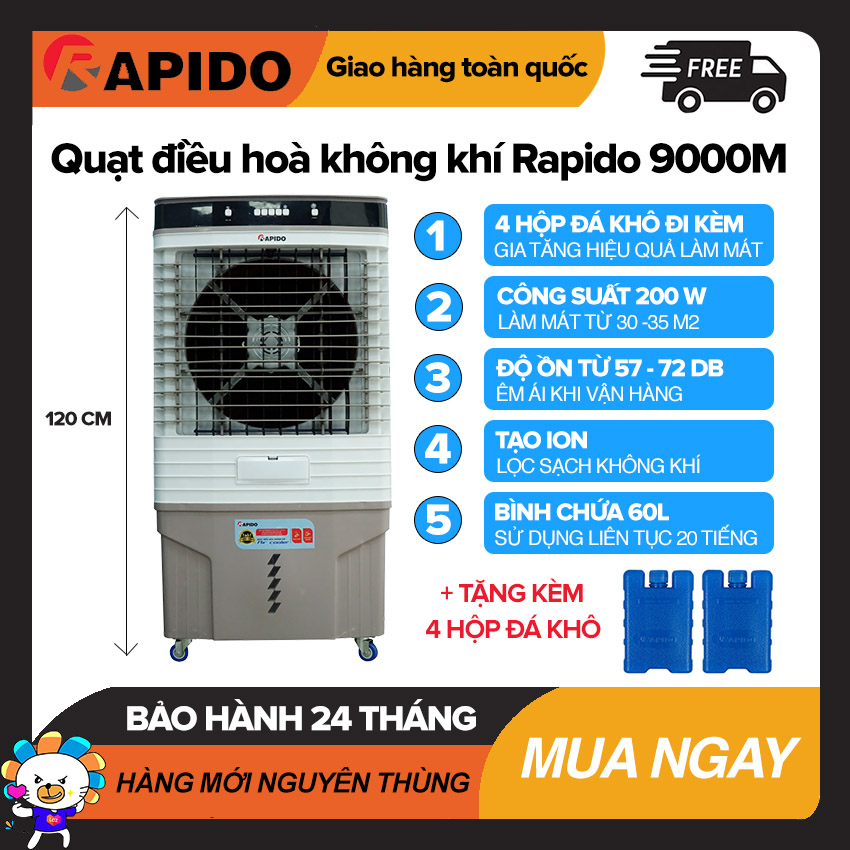 Quạt điều hòa không khí rapido 9000m làm mát dưới 35m2, bình chứa 60l, điều khiển cơ, công suất 200w, tự tắt bơm khi hết nước, quạt làm mát giá rẻ - bảo hành 2 năm