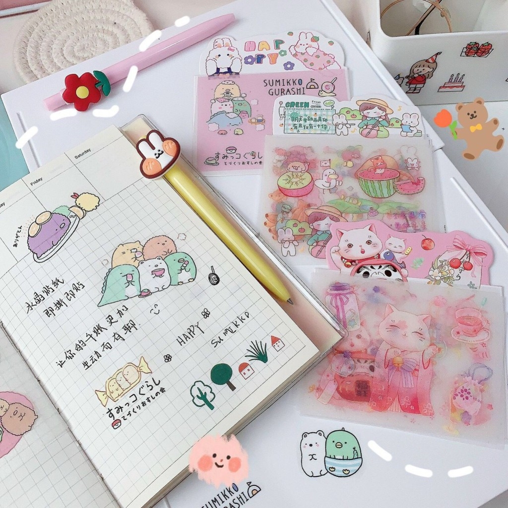 Set 4 tấm Sticker họa tiết dễ thương trang trí sổ tay lưu bút, Bộ 4 miếng đồ chơi hình dán họa tiết hoạt hình dán sổ lưu niệm