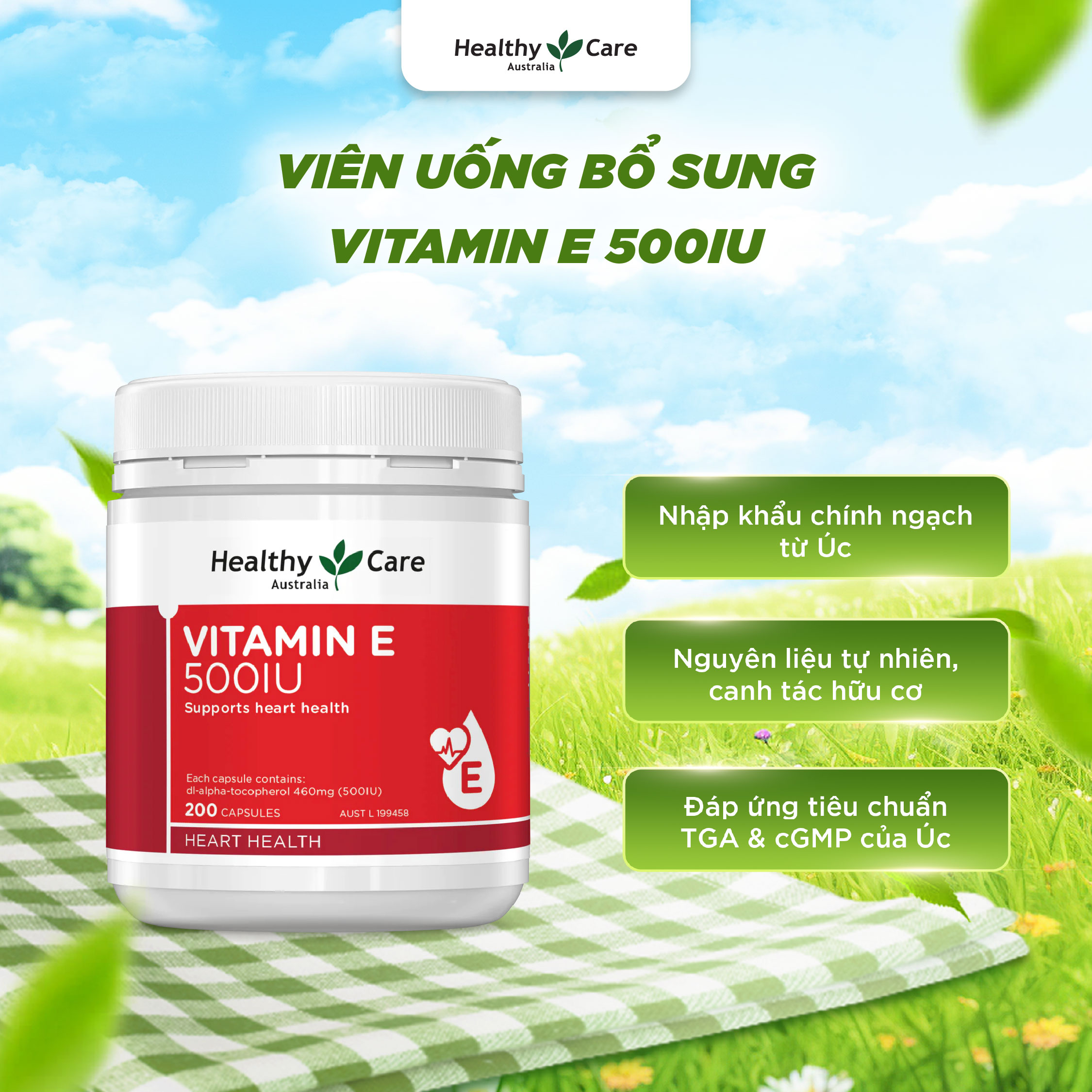 Viên Uống Bổ Sung Vitamin E Healthy Care 500IU 200 Viên Hỗ Trợ Tái Tạo Và Làm Đẹp Da