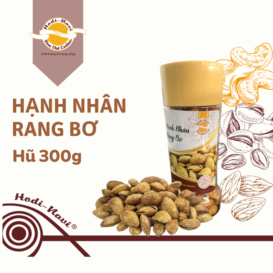 Hạnh nhân rang bơ hũ 300g hodinavi, còn vỏ mỏng dễ bóc, giòn, thơm vị bơ, ăn vặt