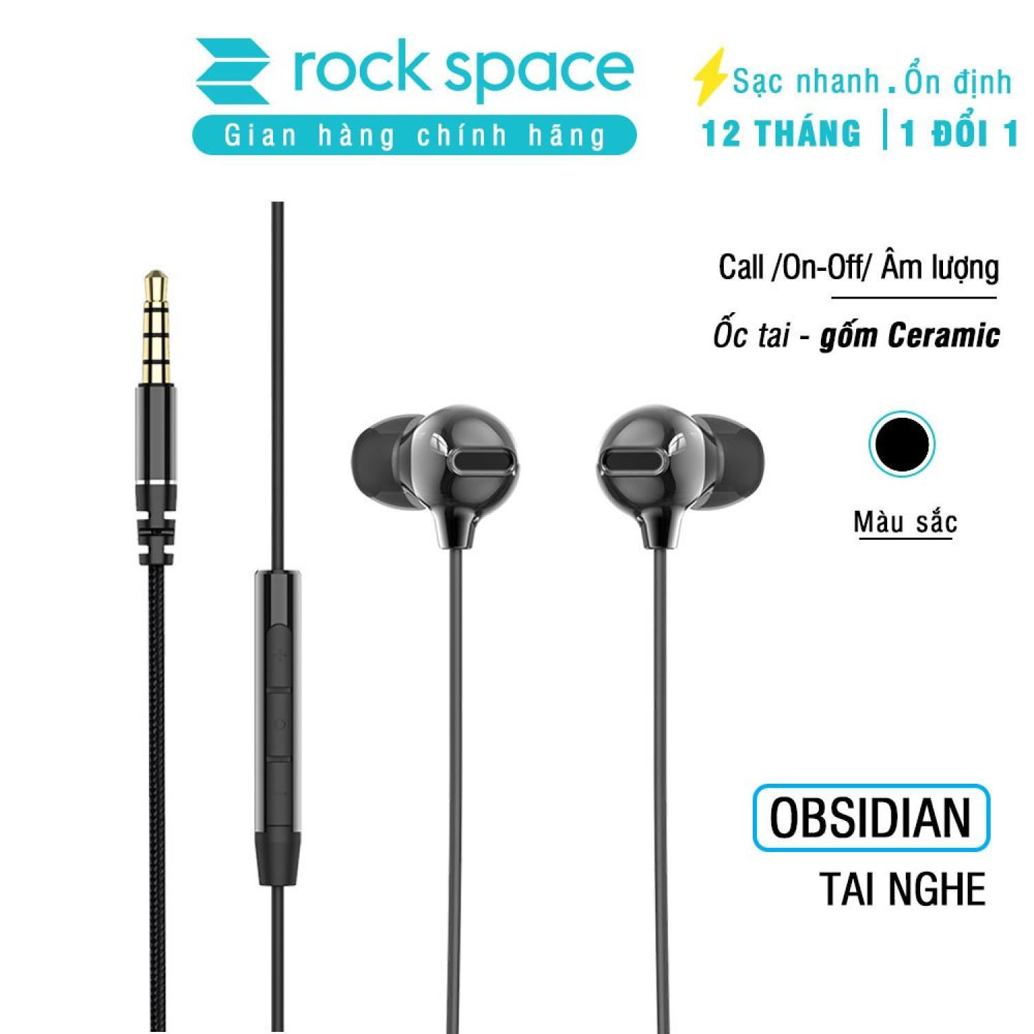 Tai nghe có dây, nhét tai, có mic ROCKSPACE Obsidian, nghe nhạc, chơi game, chính hãng, bảo hành 1 năm