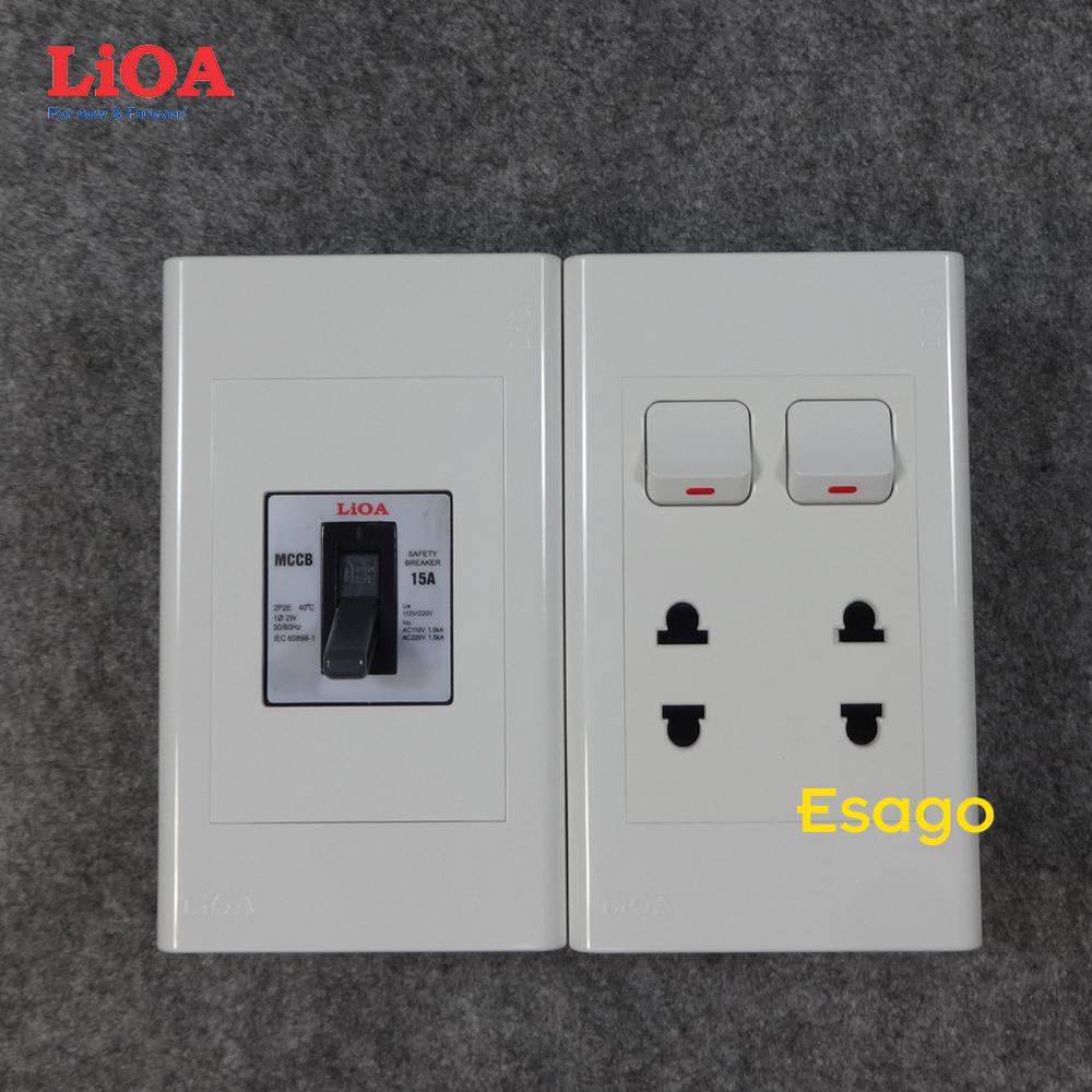 [HCM]Combo ổ cắm điện đôi 2 chấu 16A (3520W) + 2 công tắc điện LiOA có cầu dao chống quá tải 15A - Âm tường