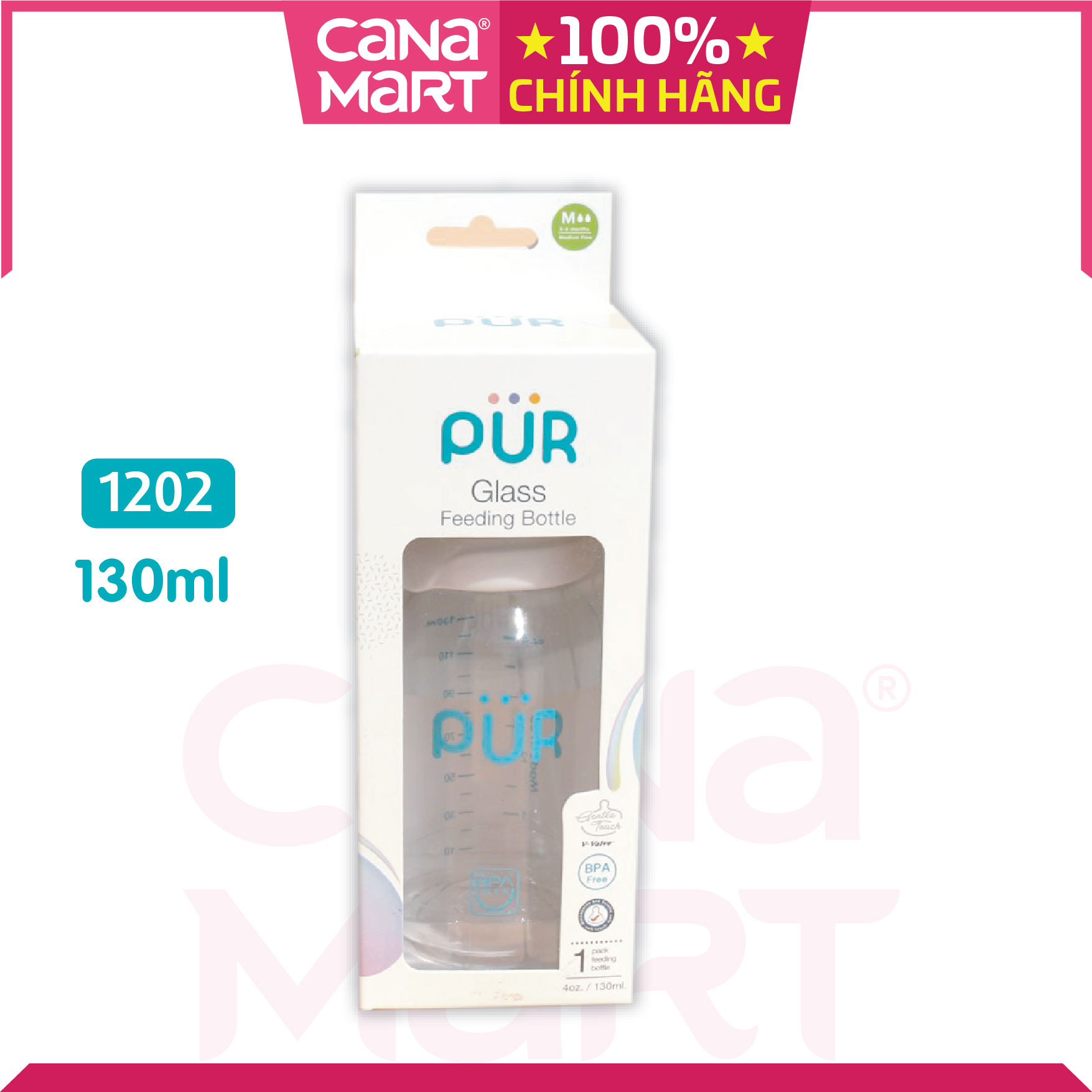 Bình sữa thủy tinh Pur cao cấp không chứa BPA, thân bình được sản xuất tại Đức