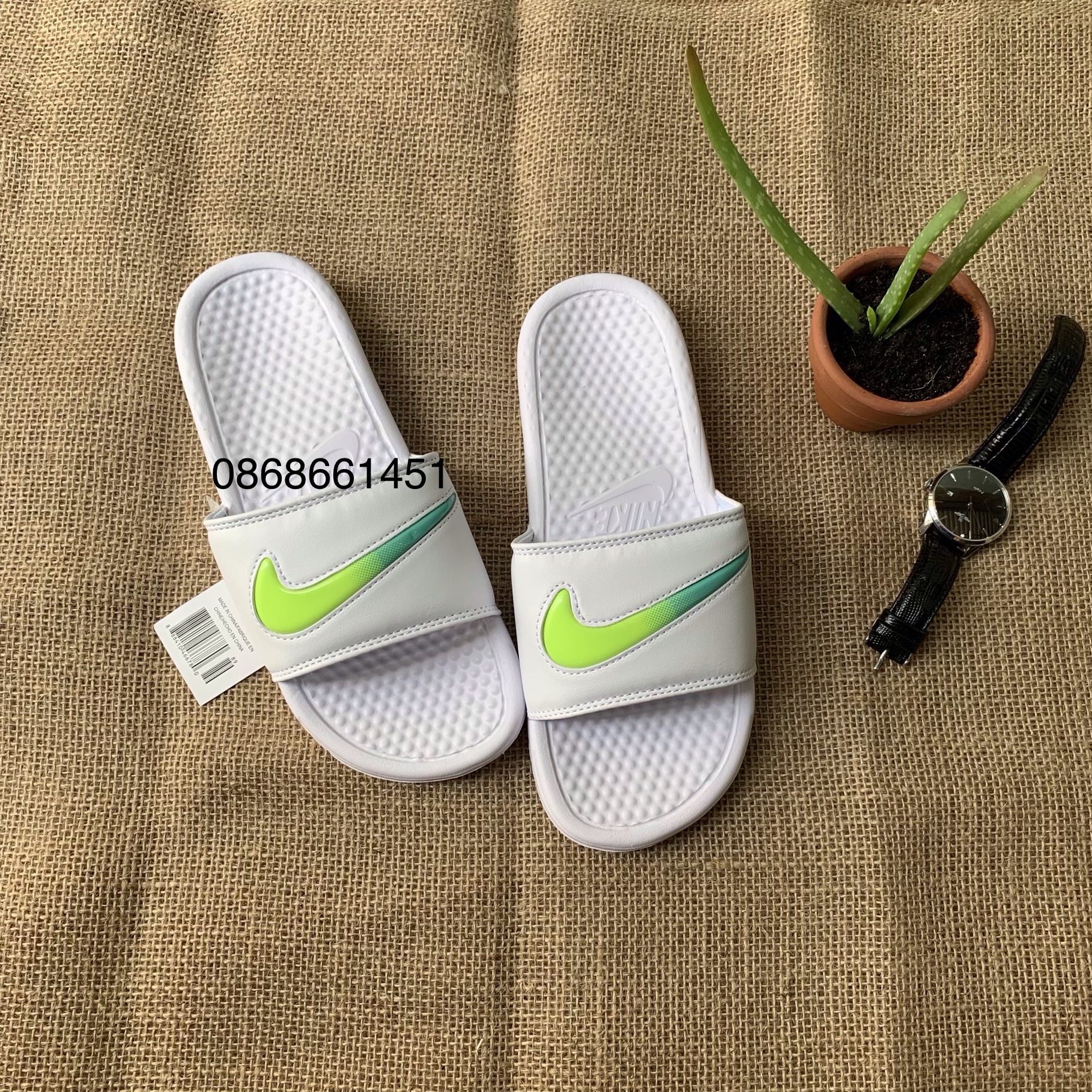 (ảnh thật tặng hộp) dép quai ngang trắng móc xanh cho nam nữ hàng xịn