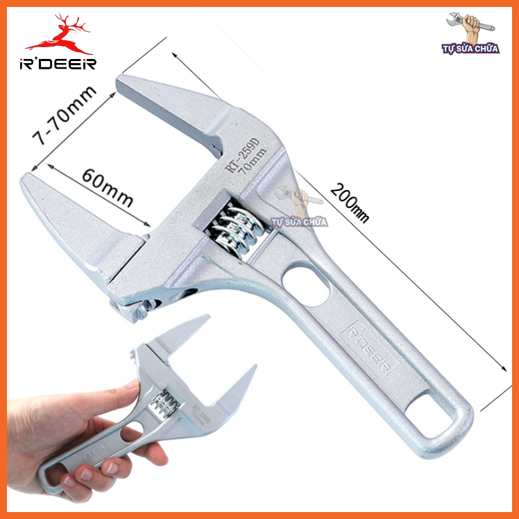 Mỏ lết đa năng hàm rộng cao cấp rdeer rt-259d, mỏ lết miệng rộng vặn ống nước độ mở từ 7 - 70mm