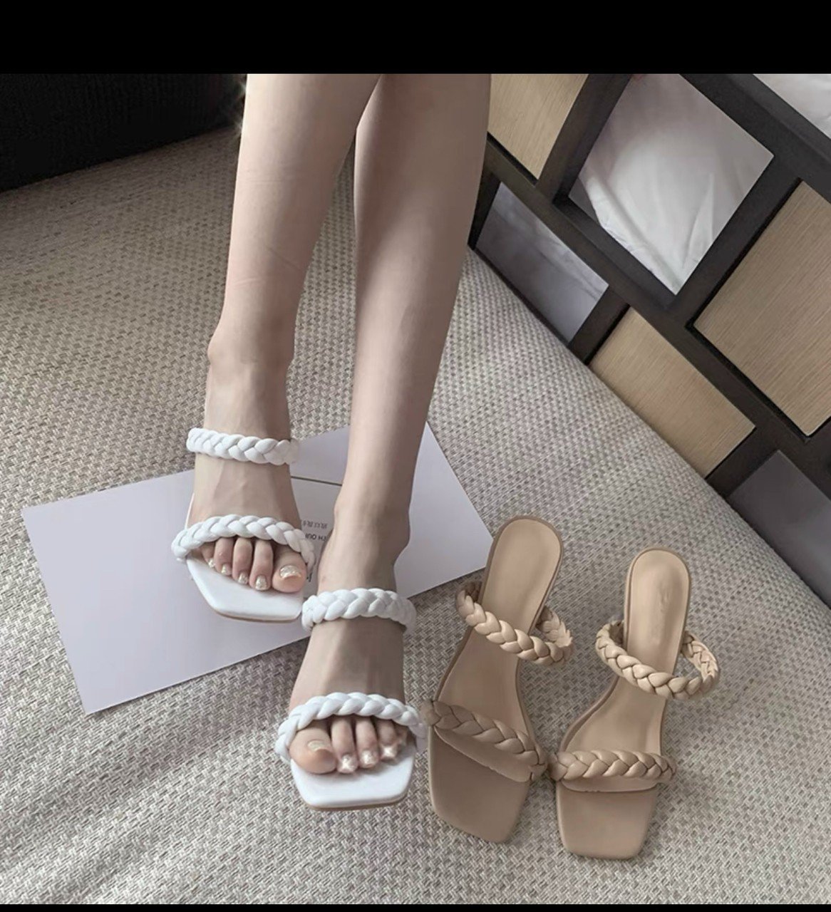 Giày cao gót mũi vuông quai ngang thắt bính hở mũi cao 7 phân mang ôm chân tôn dáng
