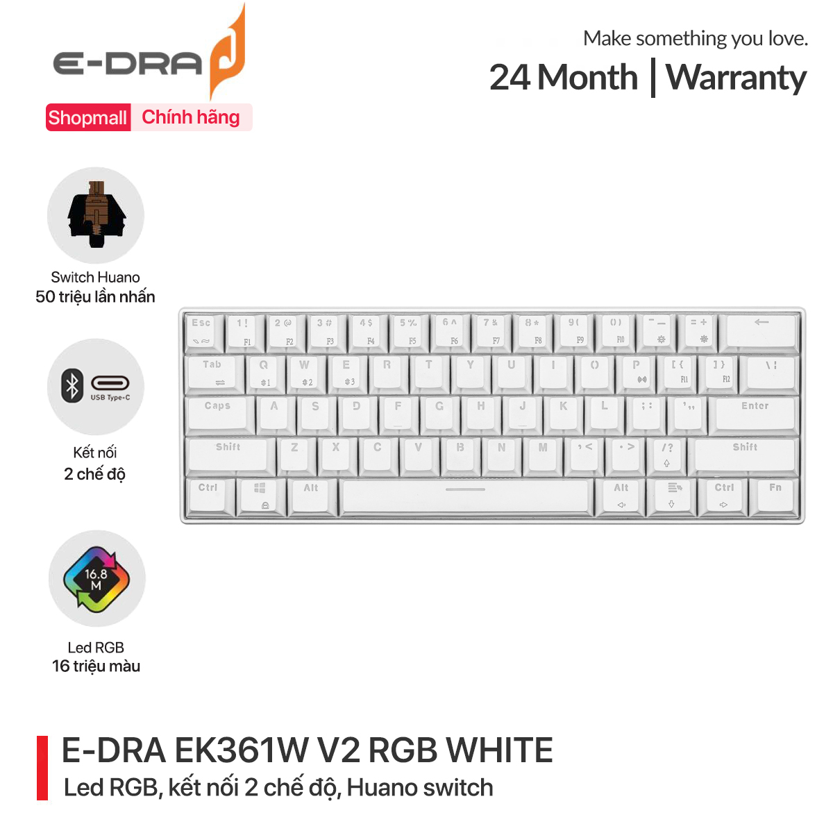 Bàn phím cơ không dây bluetooth e-dra ek361w v2 white - bluetooth 5.0 - led rgb - switch huano - pin 2000mha