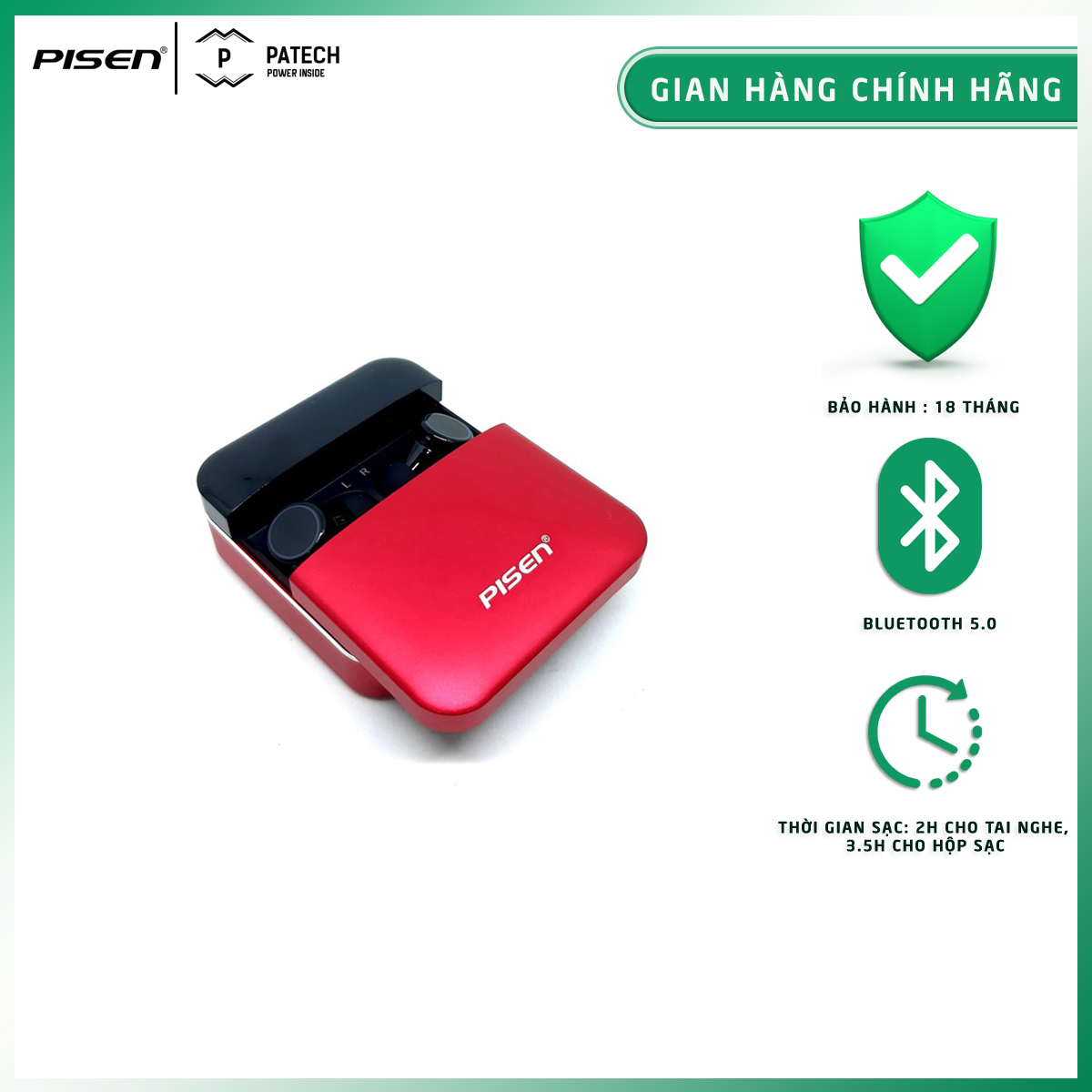 Tai nghe bluetooth cao cấp PISEN True Wireless A-Buds 2000,chống ồn,âm thanh lớn,trong,vừa khít tai thoải mái sử dụng,điều khiển cảm ứng trên tai nghe,hộp sạc kiêm sạc dự phòng -Hàng chính hãng, bảo hành 18 tháng