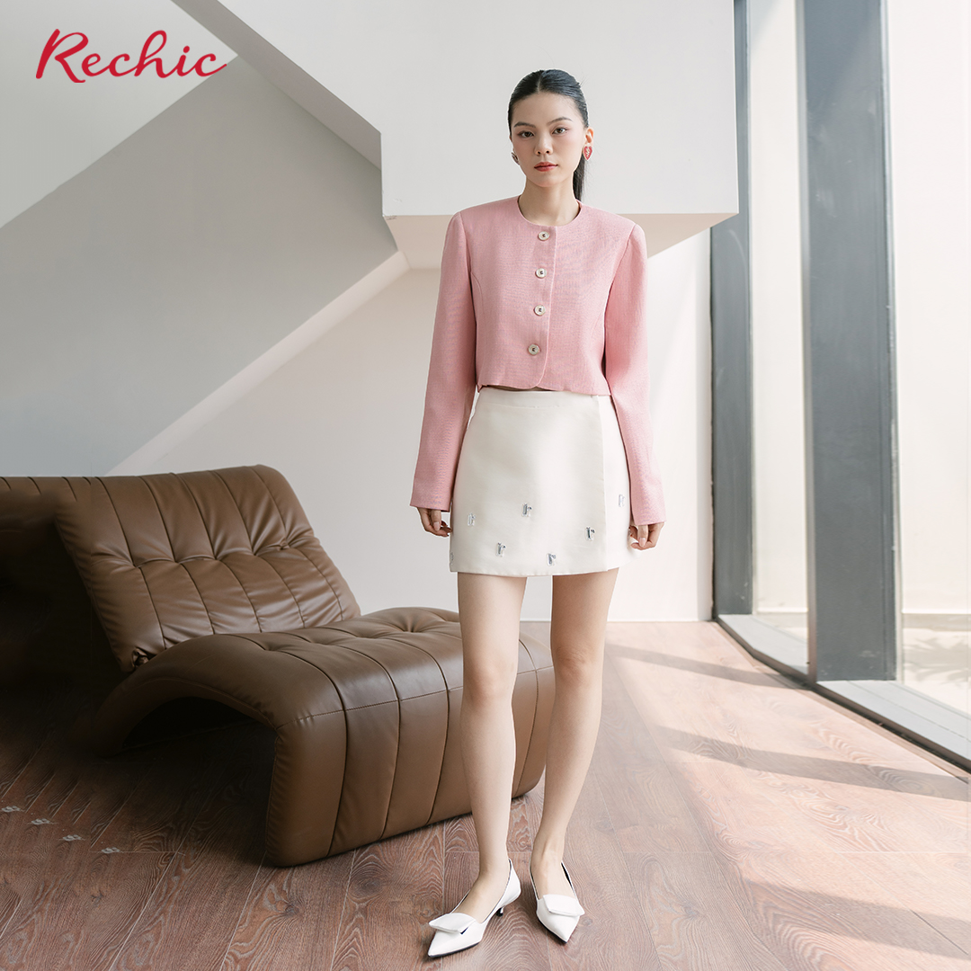 RECHIC Chân Váy Bling chất tafta dáng chữ A chiết eo đính hạt sang trọng