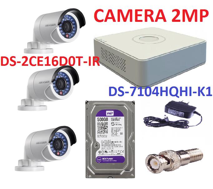 Trọn bộ 3 camera hikvision ds-2ce16d0t-ir và ds-7104hqhi-k1 + hdd western 500ggb