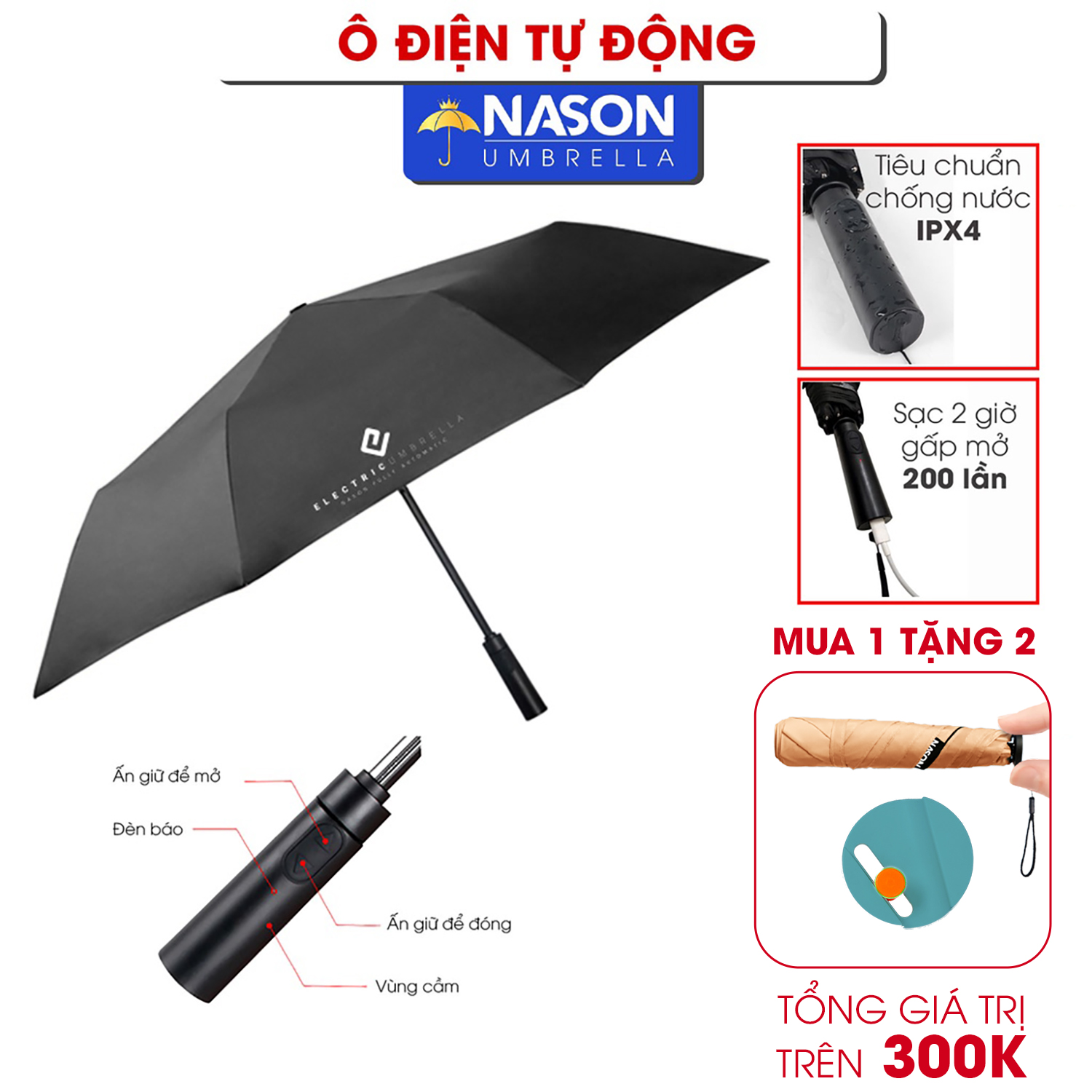 Ô dù điện thông minh Electric Auto Umbrella Nason đóng mở tự động, chống gió cấp 6, che nắng che mưa chống UV- Tặng ô siêu nhẹ