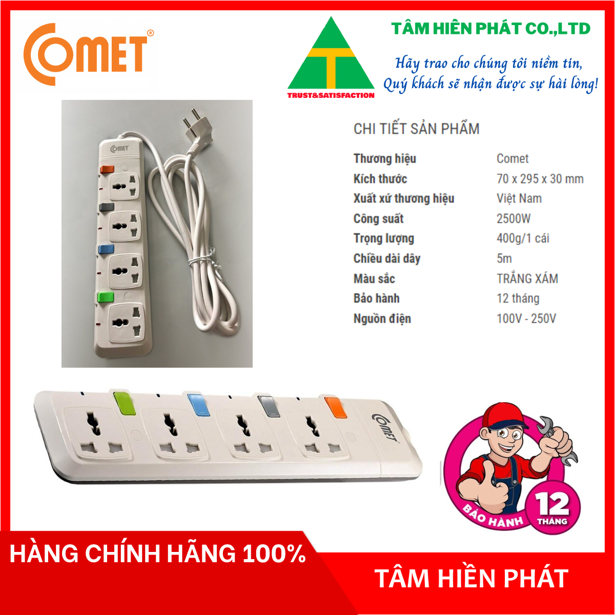 Ổ cắm nối dài comet cesg2405-thiết kế hiện đại,làm bằng nhựa abs cao cấp, màu trắng xám, dây 5m, gồm 4 lỗ cắm 3 chấu , ổ cắm đa năng