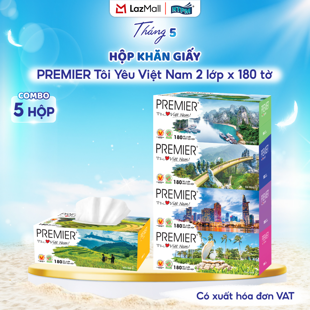 [COMBO 5 HỘP] Khăn giấy lụa đa năng PREMIER Tôi Yêu Việt Nam, 2 lớp – 100% bột giấy nguyên sinh, không chất tẩy, 180 tờ/hộp – Chính hãng
