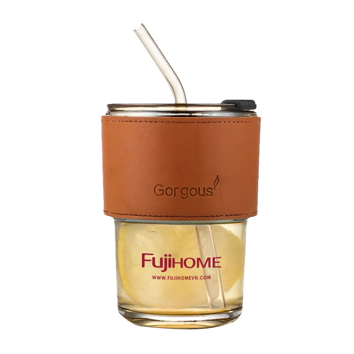 Cốc thủy tinh hổ phách 450ml Fujihome bọc da kèm ống hút có nắp kín cao cấp