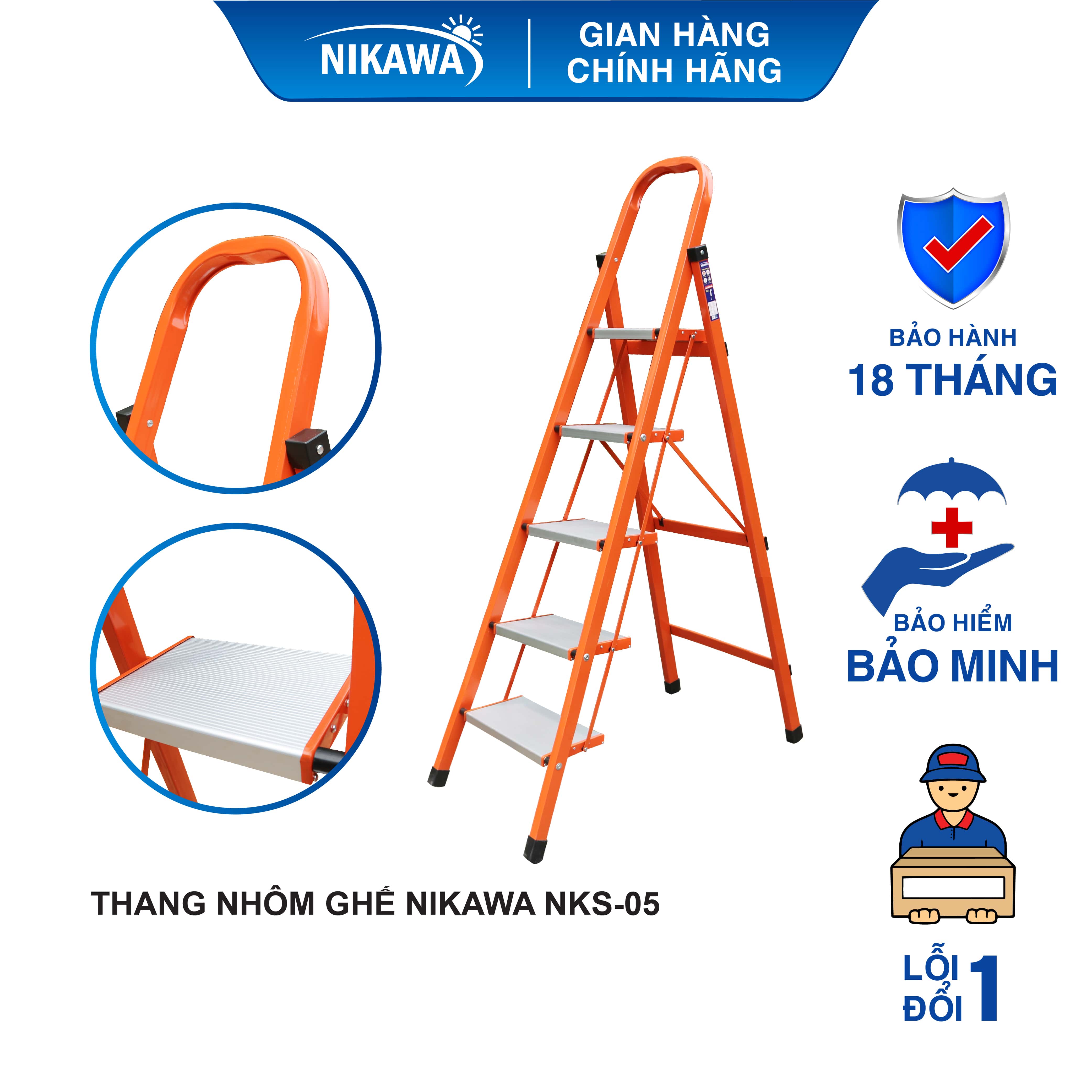 Thang ghế tay vịn 5 bậc thắp hương gấp gọn nikawa chiều cao tối đa 1m15 bản bậc lớn 18cm bảo hành 18 tháng khung thép nks-05