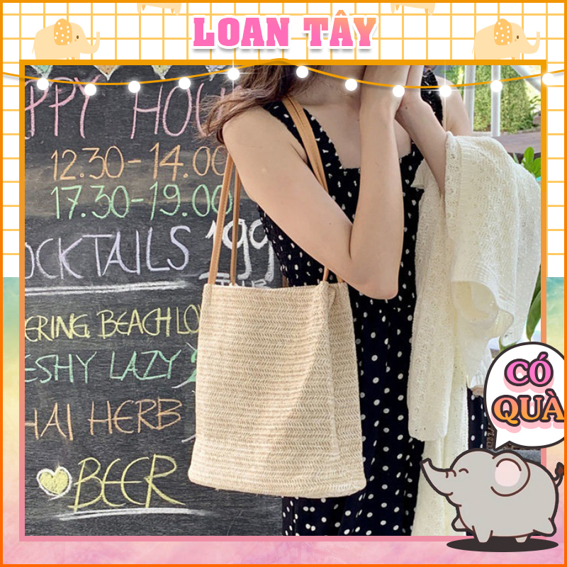 Túi cói dáng suông đi biển dây da l1340 - loantay