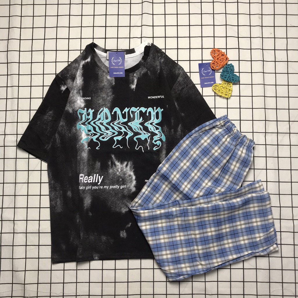 Đồ Bộ Dài Quần Caro Cạp Cao + Áo Loang Màu REALLY Cá Tính , Đồ Bộ Đẹp , Đồ Bộ Unisex , Đồ Bộ Caro Hàn Quốc TTSLB0104