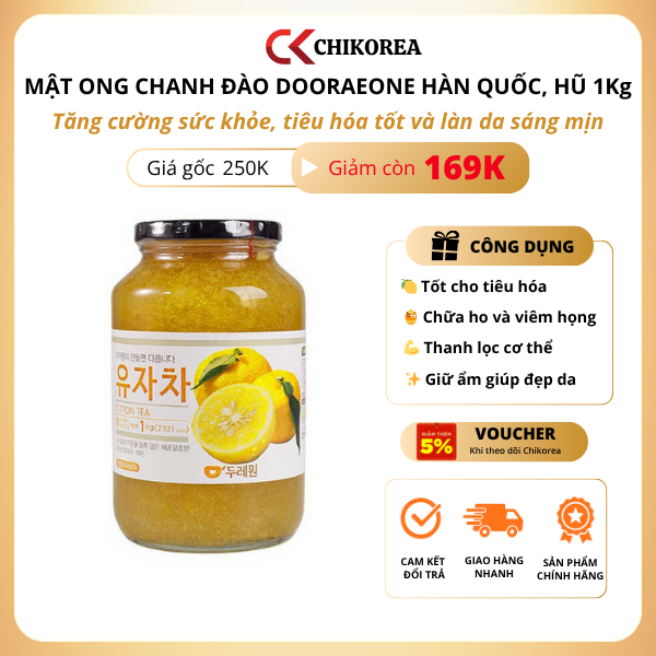 Mật ong chanh đào Dooraeone Hàn Quốc (Hũ 1kg) Date mới, Hỗ trợ tiêu hoá, tăng sức đề kháng- CHIKOREA