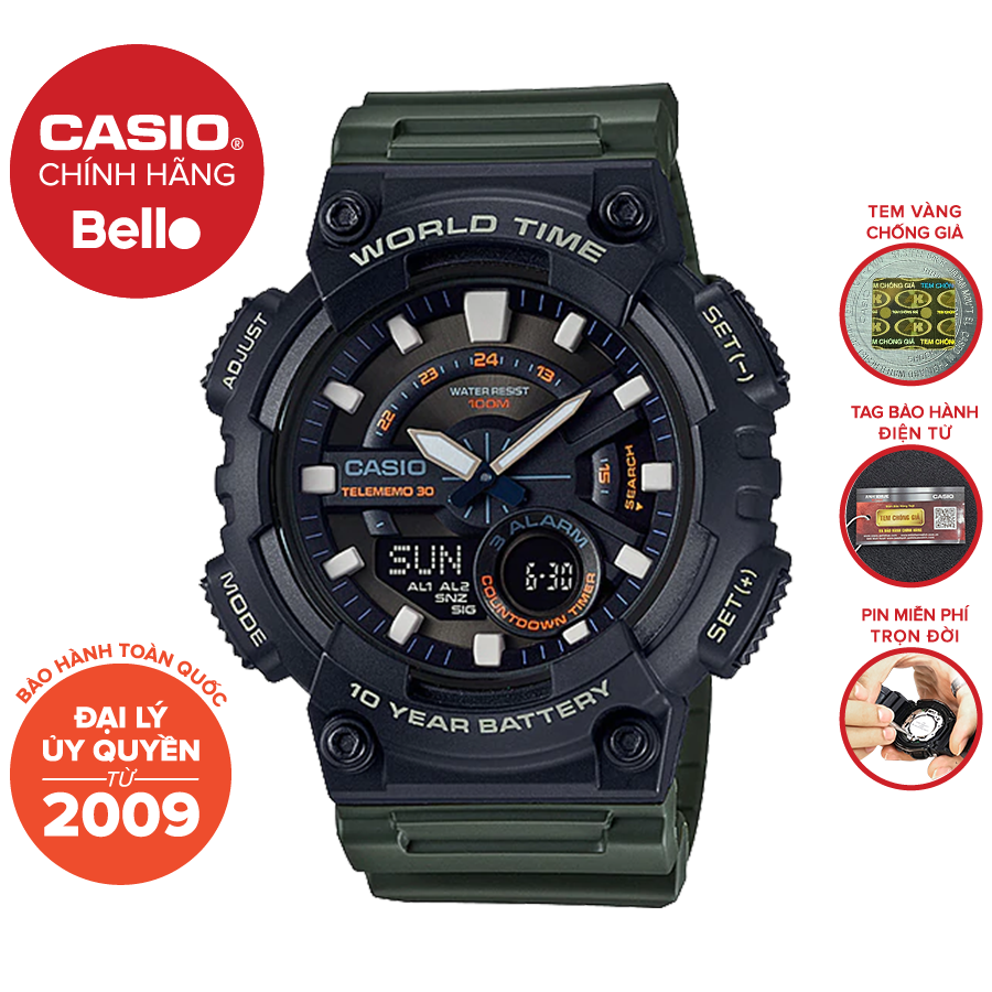 Đồng hồ casio nam aeq-110w-3a bảo hành chính hãng 1 năm - pin trọn đời