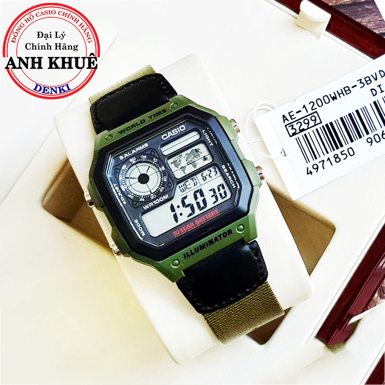 Đồng hồ nam dây vải casio anh khuê ae-1200whb-3bvdf - pin 10 năm